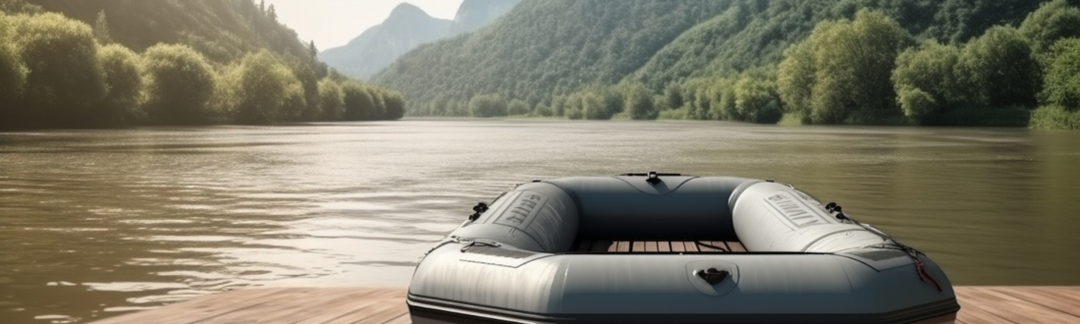Ein Schlauchboot am Ufer eines Sees