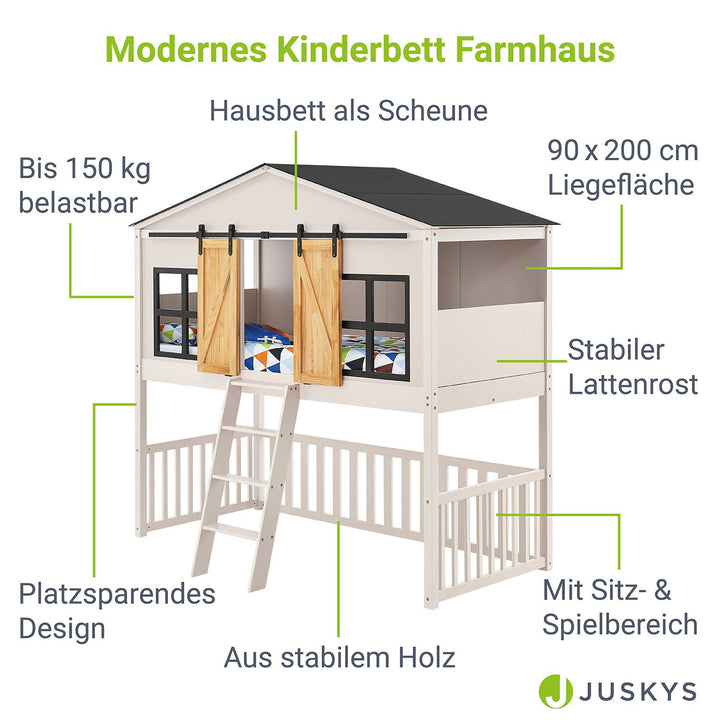Kinder Hochbett Farmhaus 90 x 200 cm
