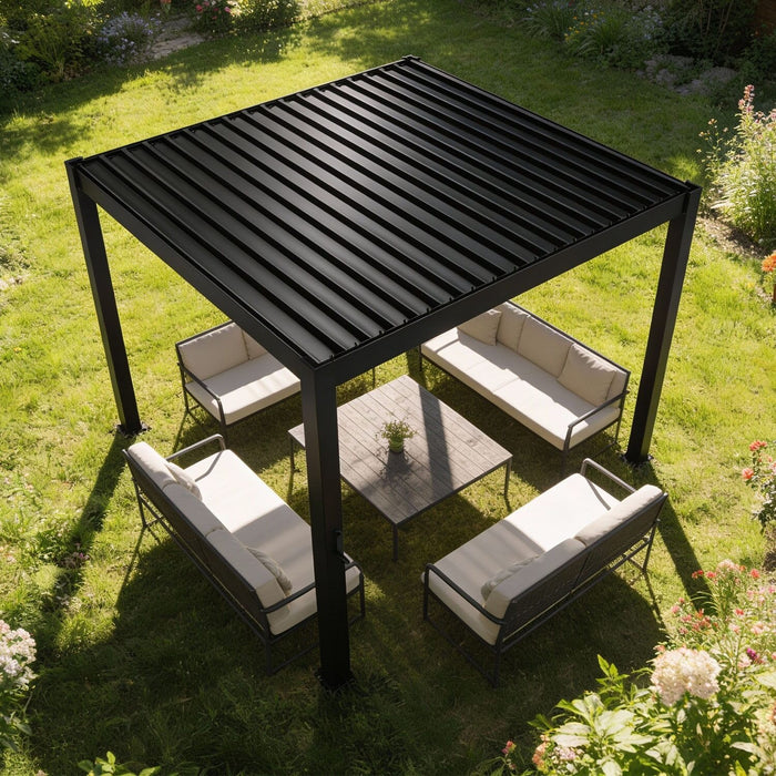 Lamellendach mit Loungemöbeln im Garten