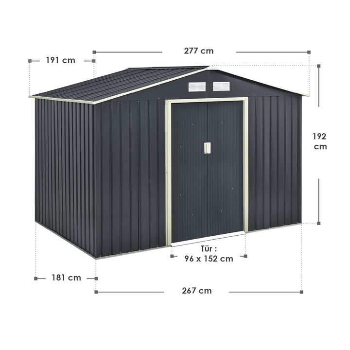 Metall Gerätehaus mit Holzunterstand