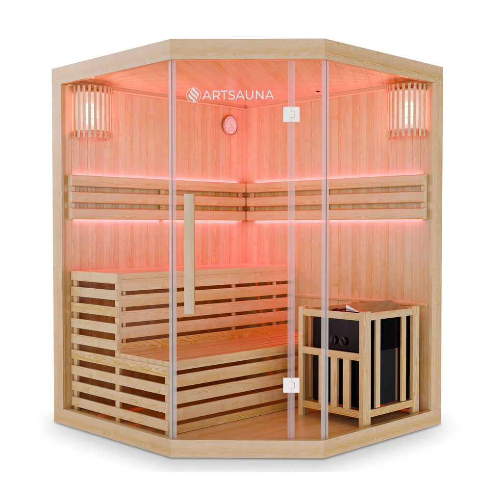 Artsauna Sauna Espoo150 Premium, 50 mm, für 3 Personen, Hemlock Holz, Saunaofen, Sanduhr, Thermo-Hygrometer