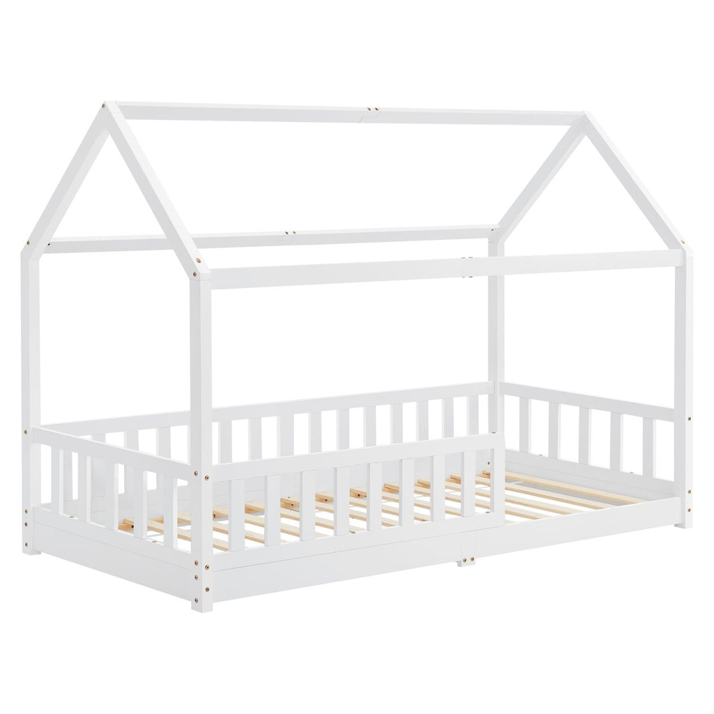 Juskys Kinderbett Marli, 90x200 cm, Hausoptik mit Dach, Holz, Rausfallschutz, 3 - 10 Jahren