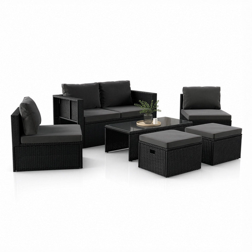 Juskys Gartenlounge-Set Salou, (6-tlg), für 6 Personen, Polyrattan, Glasplatte, wetterfest, mit Kissen