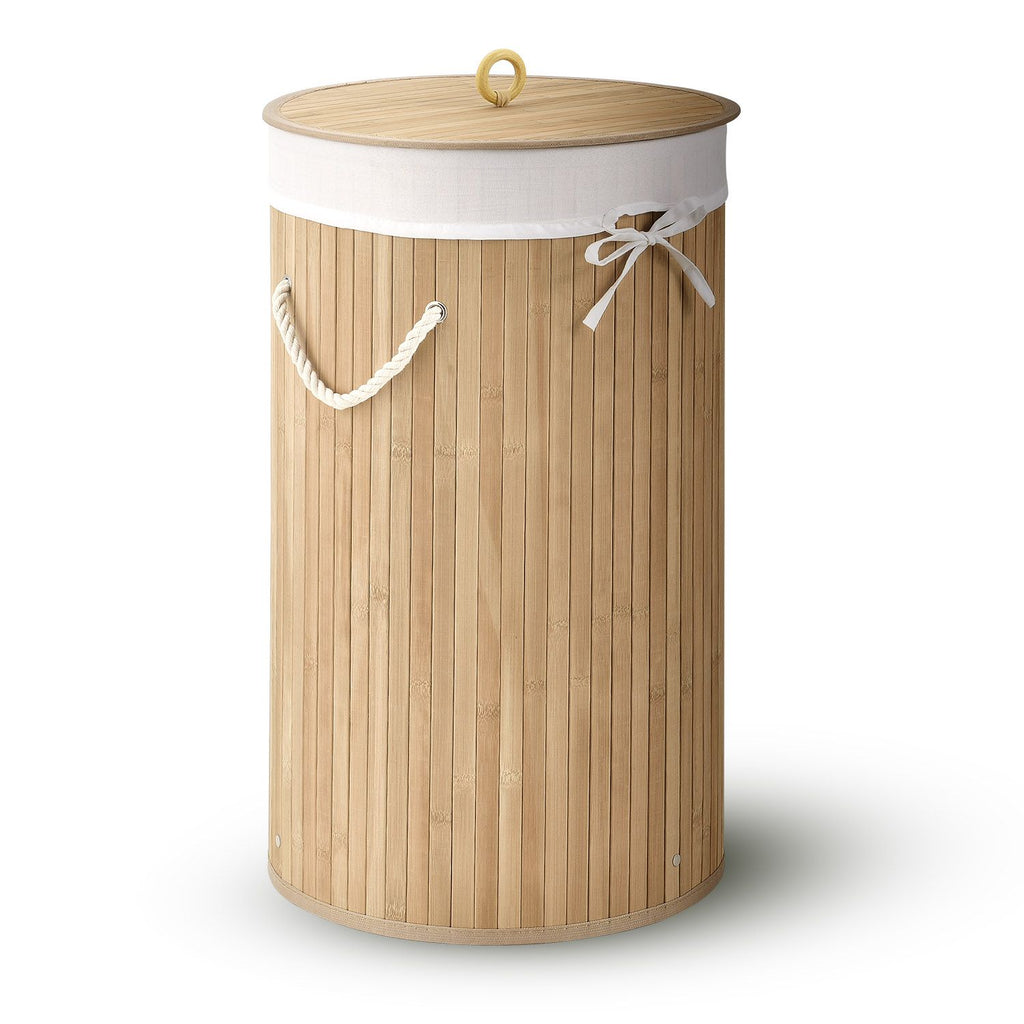 Juskys Wäschekorb Curly-Round, 55 l, mit Tragegriffe, Deckel, Wäschesack waschbar, platzsparend