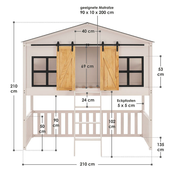 Kinder Hochbett Farmhaus 90 x 200 cm