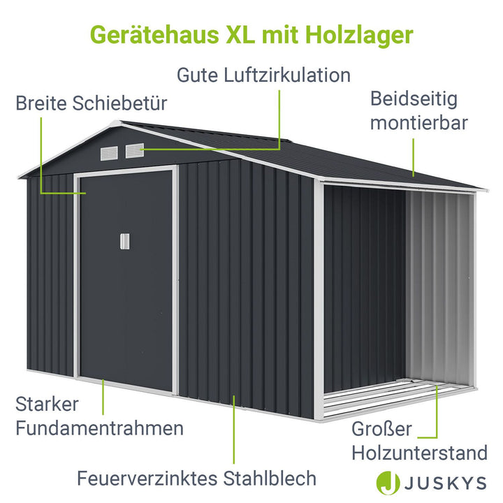 Metall Gerätehaus mit Holzunterstand