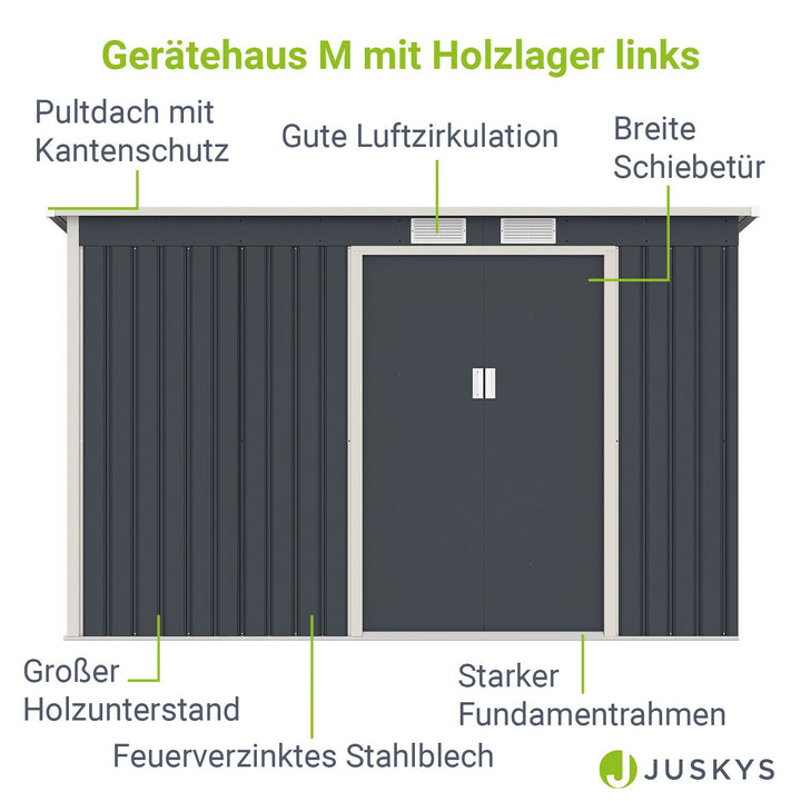 Metall Gerätehaus mit Holzunterstand